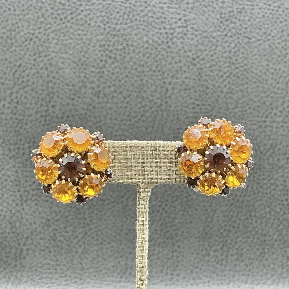Earrings Gold Tone Yellow Crystal Cluster Flower Stud Womens Clip On Jewelry